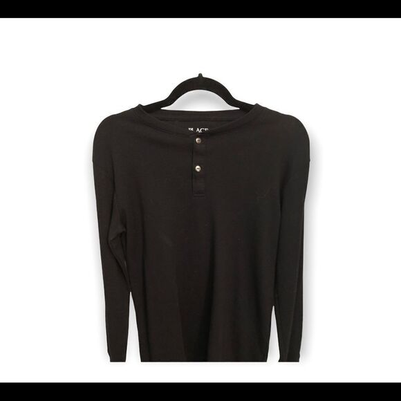 Black waffled Place Long sleeve shirt with two silver buttons at boat neck. - Picture 3 of 5